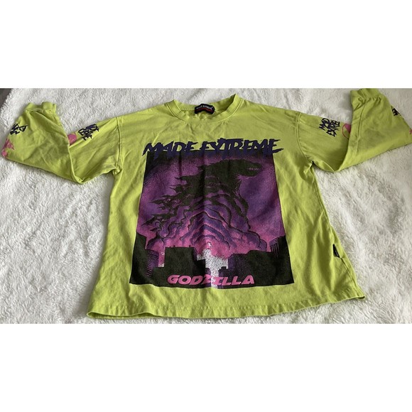 Made Extreme Lime Green Godzilla Graphic Long Sleeve T-Shirt. Not Sized, See Des - Picture 1 of 8